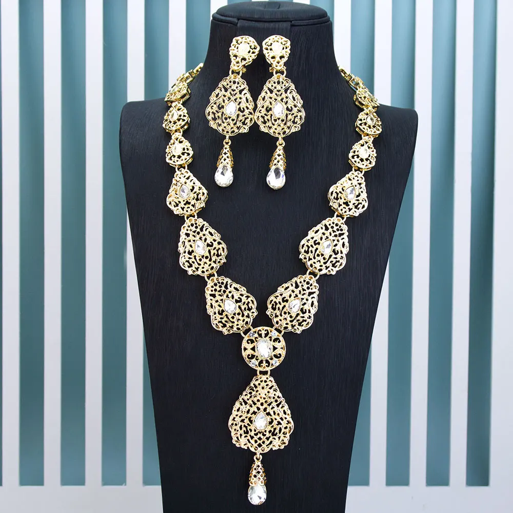 Sunspicems Chic Arabic Bridal Earring Necklace Morocco Wedding Jewelry Sets For Women Gold Color Hollow Water Droplets Pendant