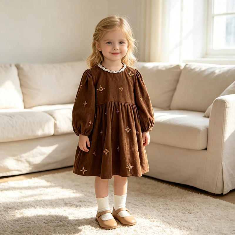 2026 New Vintage Kid Corduroy Dress 2-6Y Girl Embroidery Long Sleeve Lace Collar Autumn Princess Casual Baby Brown Dress