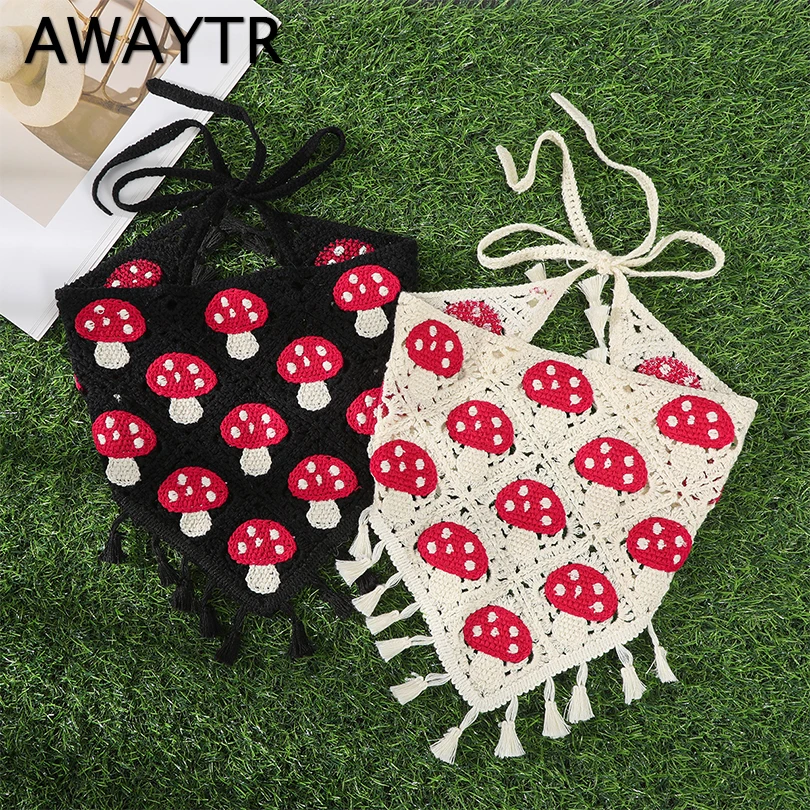 AWAYTR Mushroom Strawberry Knit Tassel Hairband Crochet Cotton Hollow Triangle Bandana Scarf Sweet Cute Headband Turban Headwear