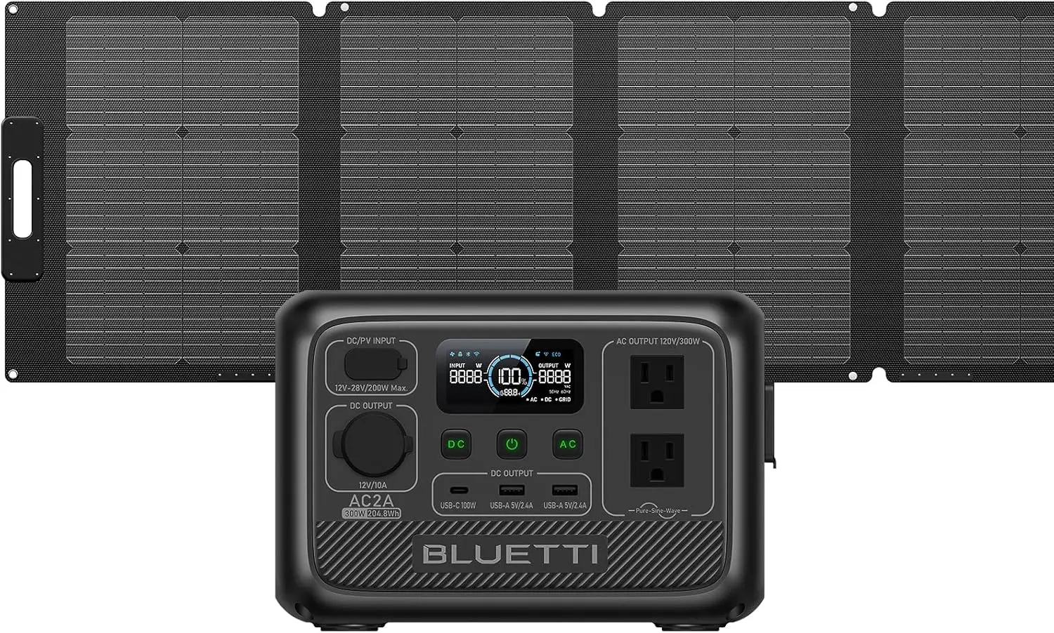 Portable Power Station AC2A with 120W Solar Panel, 204Wh LiFePO4 Battery Backup w/ 2 300W (600W Power Lifting) AC Outlets