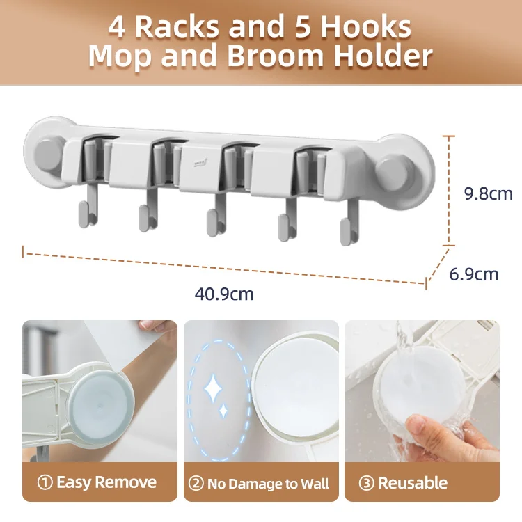 

Wall Storage Rack No Punch Wall Mop and Broom Tool Rack Storage Rack with Multiple Hooks