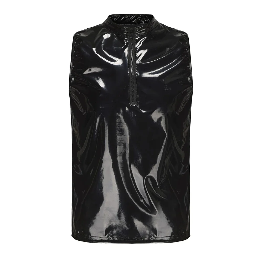 Men Hoodies Tank Top PU Leather Zip-Up Sleeveless Latex Hooded Shirts Vest Solid Color Seamless Comfortable Oily Shiny Full Body