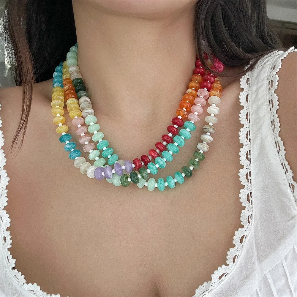 Y2K Colorful Acrylic Bead Necklace for Women Fashion Bohemian Rainbow Color Clavicle Chain Necklace Handmade Neck Accessory Gift