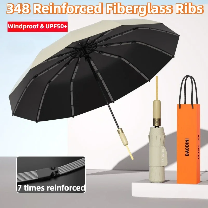 Reinforced 348 Ribs Automatic Umbrella, Windproof & Stormproof, UV UPF 50+ Sun & Rain Protection Folding Umbrellas for Men Women