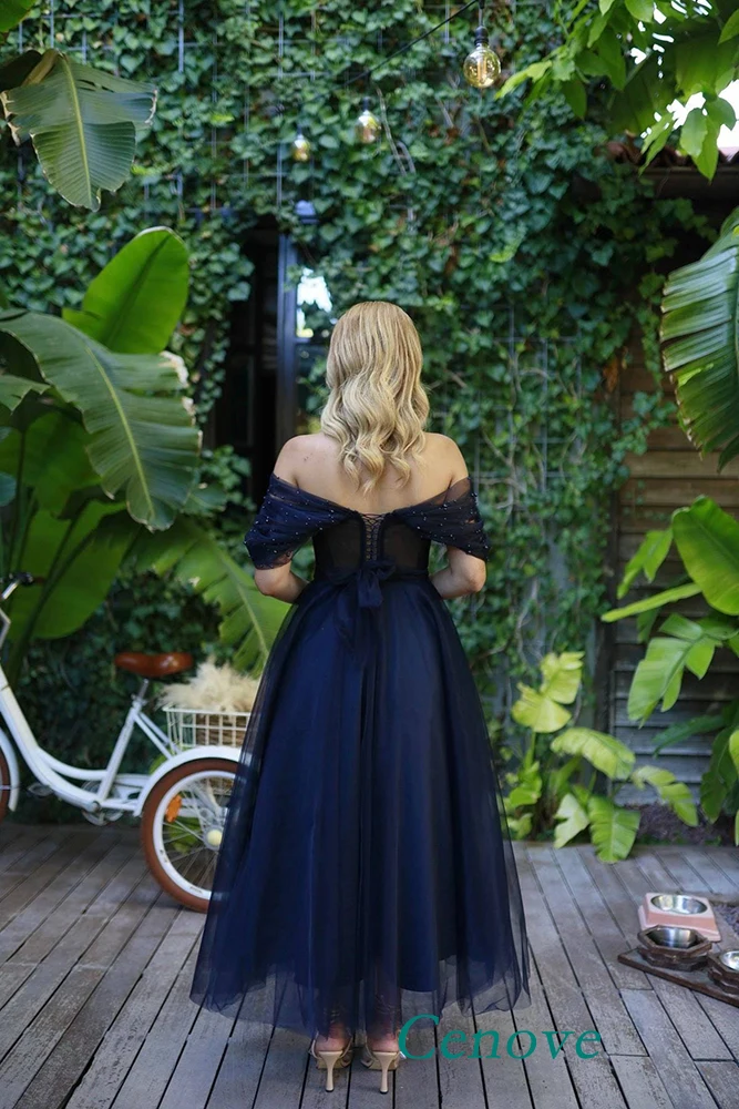 Cenove abito da ballo con scollo a barchetta blu Navy in rilievo con abito da sera elegante estivo da sera in Chiffon per donna 2023