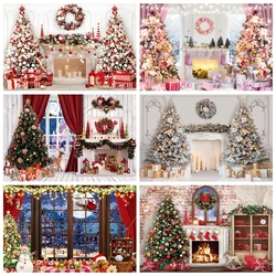 Christmas Tree Fireplace Backdrop Xmas Gifts Wreath Bell Brick Wall Kids Portrait Family Party Photography Background Room Decor