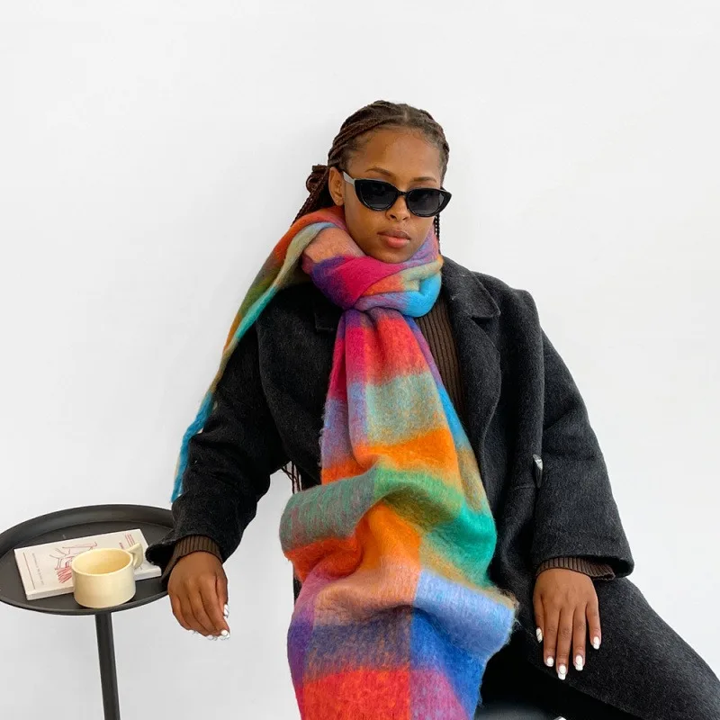 

Клетчатый шарф, толстый мохеровый, женский зимний теплый шарф, длинный шарф, шаль.