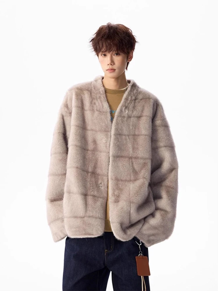 

Korean Sle Men's ort V-Ne Mink Velvet Fur Coat Warmth Winter Outerwear Polyester Fiber Stand Sve Pure Color