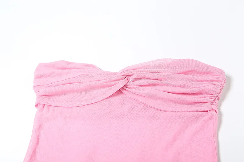 Vrouwen elegante sexy pure mesh patchwork geplooide maxi feestjurk met sjaal lint twist strapless vakantie strandoutfits gewaad