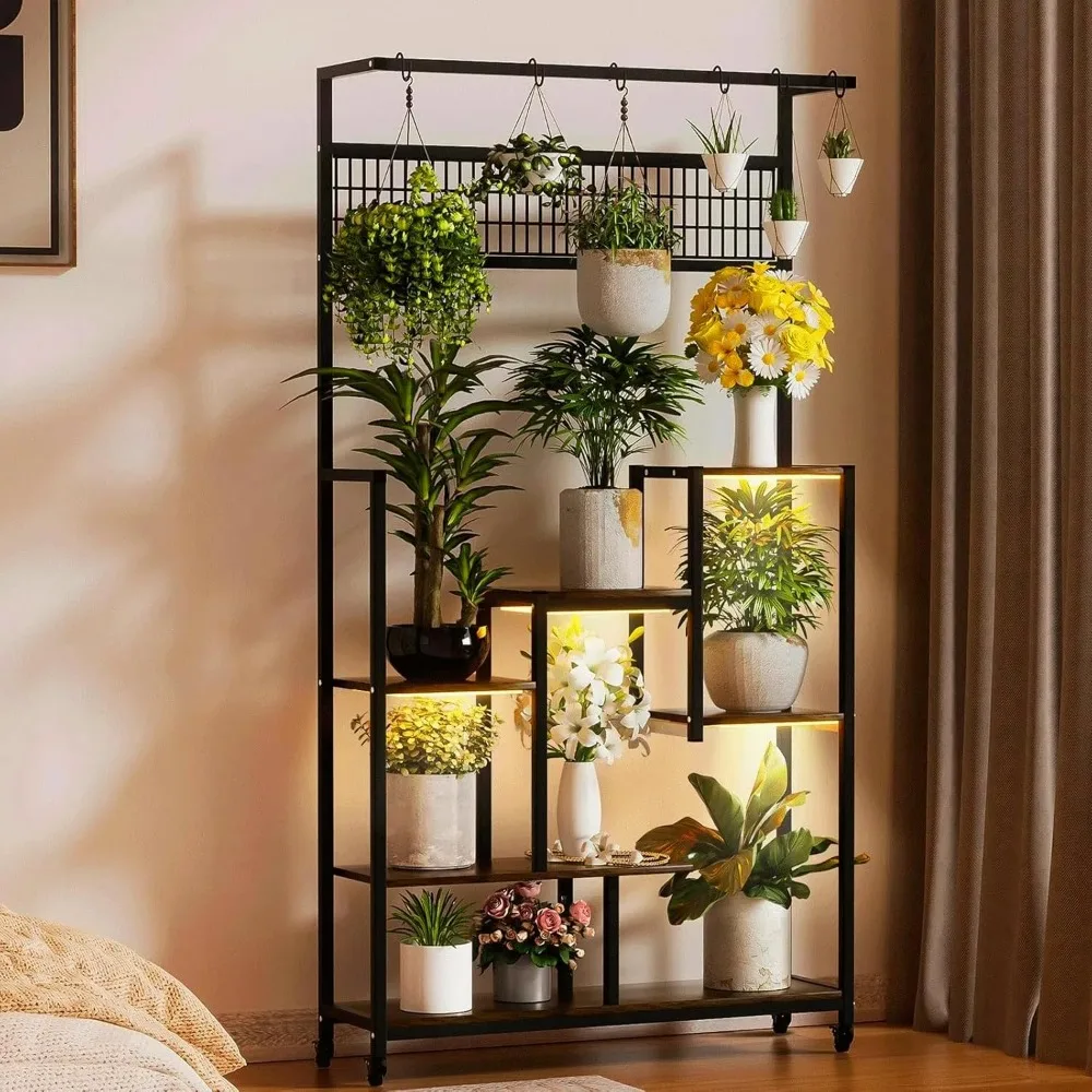 High Indoor Plant Rack, móveis e rodas travadas, Plant Rack com luzes de crescimento, adequado para plantas de interior, 6 andares, 72 em