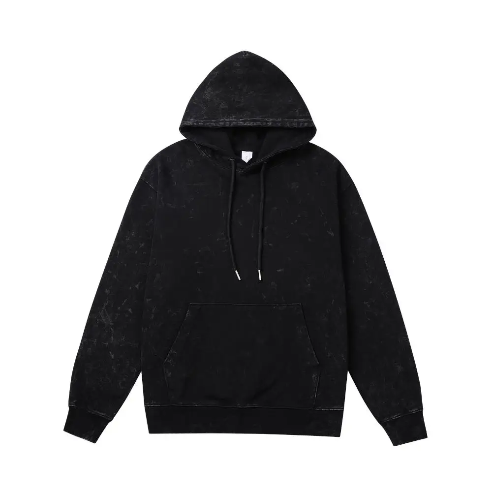 430g Retro Washed Hoodies 100% Cotton Tops Black Acid Vintage Hooded Sweatshirts Oversize Hip Hop Male Pullover Men's clothing