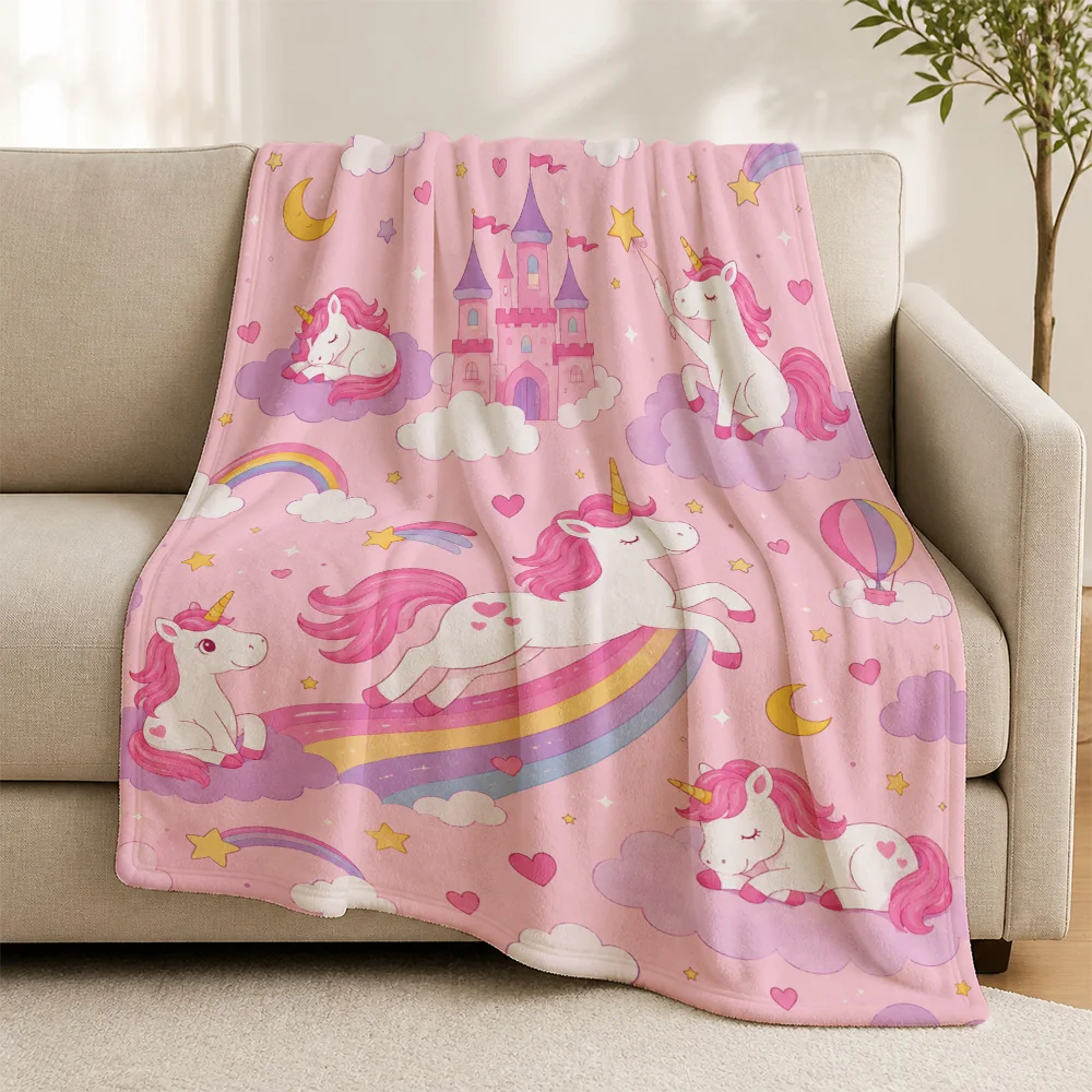 Magical Unicorn Rainbow Print Plush Fleece Throw Blanket for Sofa Bed Winter Cozy Decoration Kids Plush Gift Items