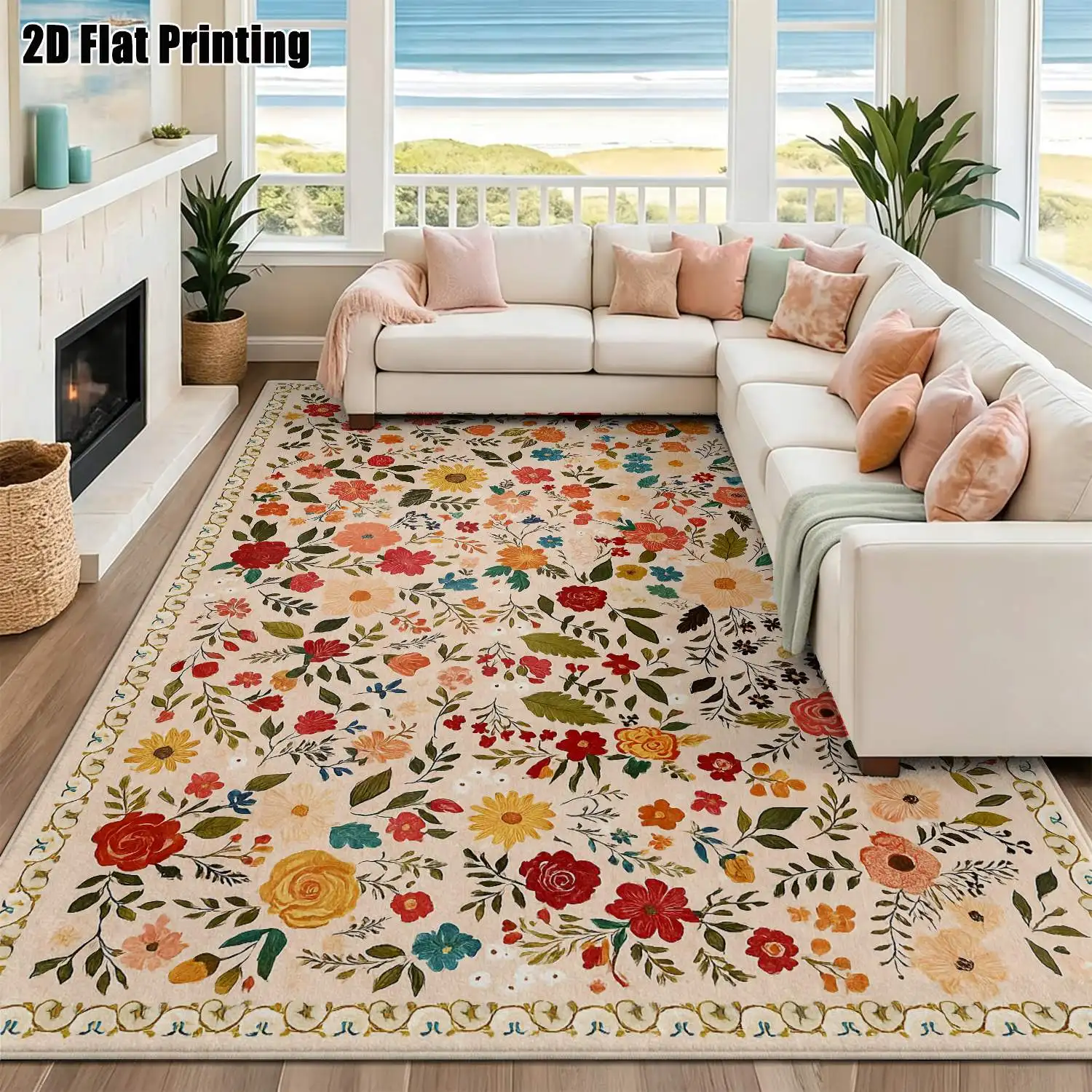 1Pc 2D Printed Retro Floral Carpet, European/Bohemian/Minimalist Style, Multi-Size Washable, Ideal for Home Decor, Entrance/Dining Room/Bedroom/Living Room