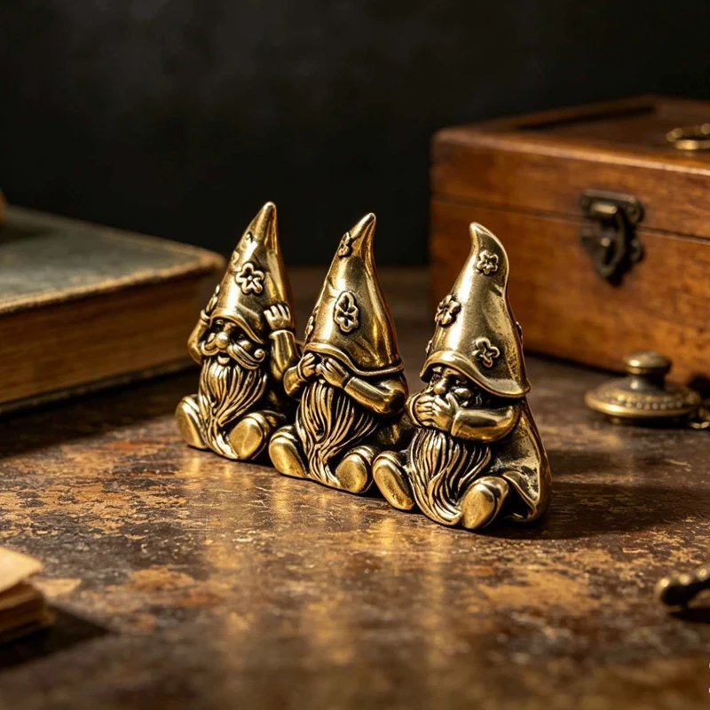 Vintage Brass Three-Dwarf Figurine, Non-Listening, Non-Looking, Non-Talking Gnome Desktop Decoration, Nordic Mini Gnome Tea Pet, Vintage Craft Collectible for Study Desk and Bookshelf, Creative Niche Gift, Home Micro-Landscape Decoration, European-Style Christmas Holiday Decoration, Office, Gift for Personal Use, Vintage Metal Craft Statue Ornament, Exquisite Carved Long-Hatted Bearded Elf Desktop Decoration