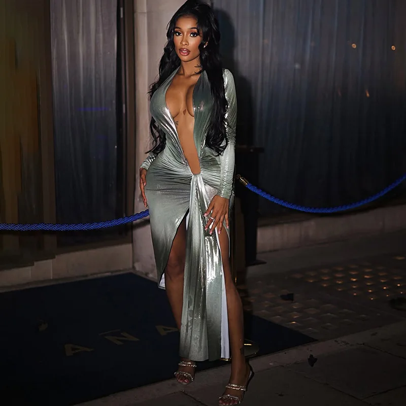

Metallic V Neck Dress Evening Club Wear Pleated Dresses 2025 Women Fall Winter Clothes Luxury Outfits Sexy Bodycon Party Dress