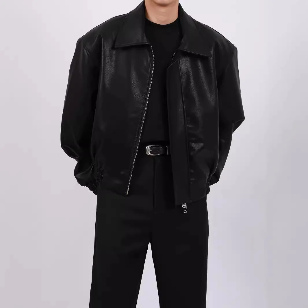 Autumn High-end Lapel Jackets for Men Loose Lapel Zipper Korean Fashion Ins Casual Short Motorcycle Leather Jacket Coat Men