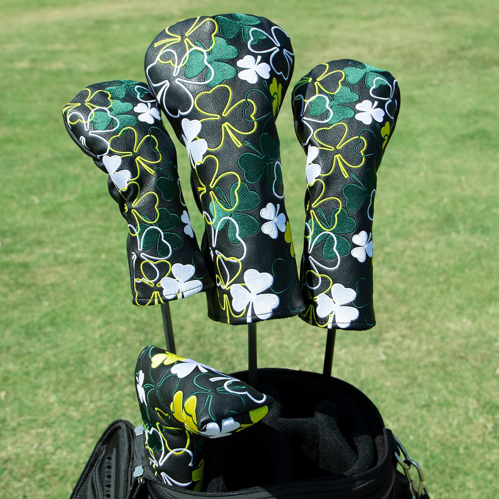 Drop Shipping Golf Club Headcovers Lucky Clover White Premium Leather Head Covers Set Golf Club Headcovers for Driver Fairway