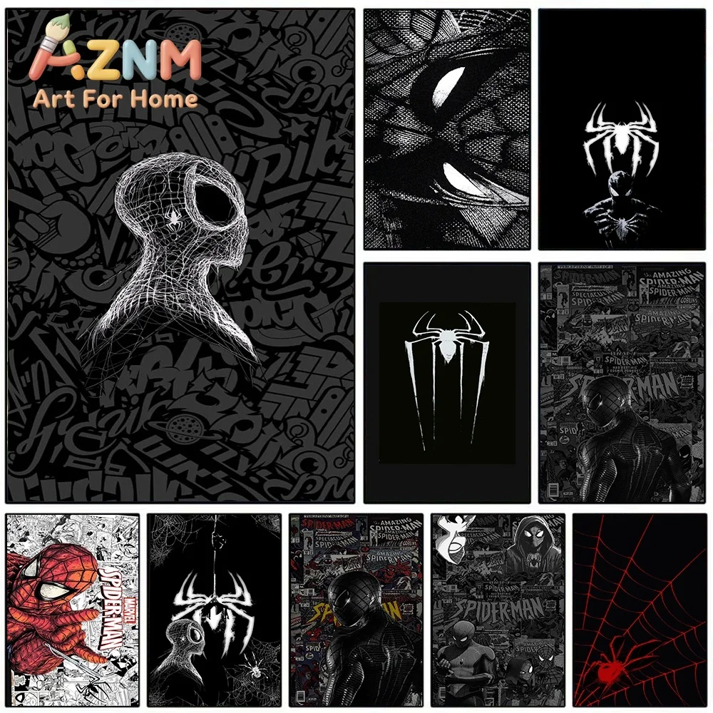 Spider Man Black White Graffiti Canvas Wall Art No Frame Superhero Comic Poster Print Home Bedroom Living Room Decor Artwork P