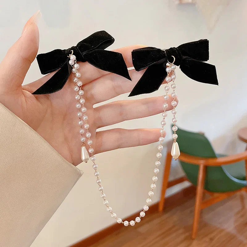 New Korean Sweet Girl Tassel Vintage Bow Pearl Chain Hairpins Elegant Hair Decorate Hair Clip for Women Fashion Hair Accessories