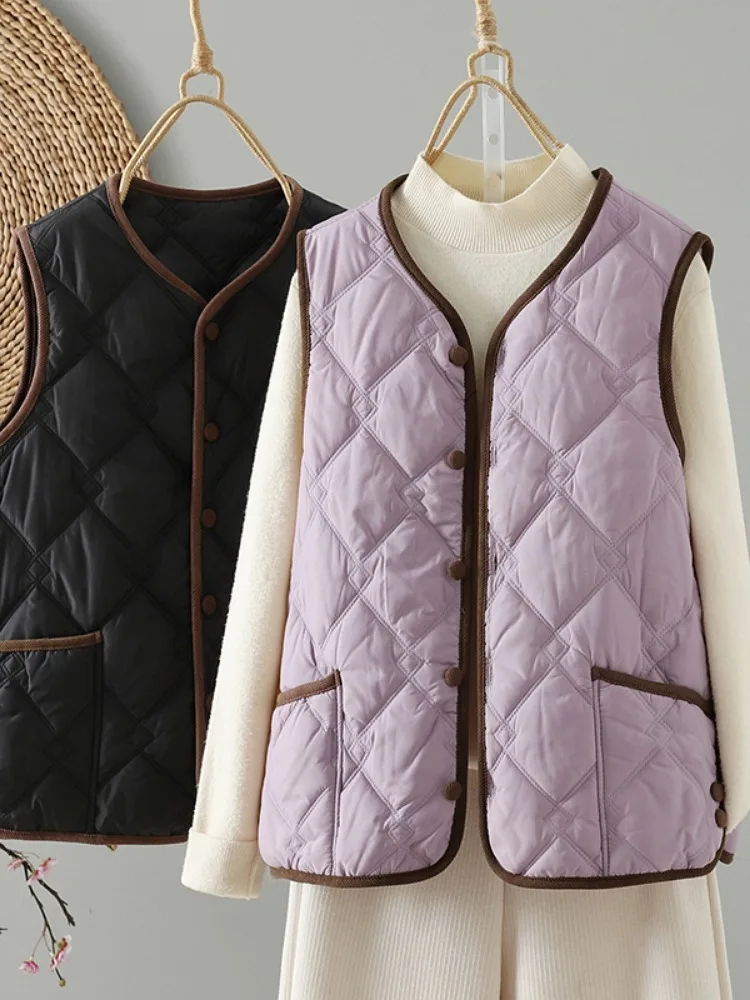 Lightweight Fashion Diamond Pattern Vest Outerwear Women's Autumn Winter Inner Wear Outer Wear Loose Warm Sleeveless Top