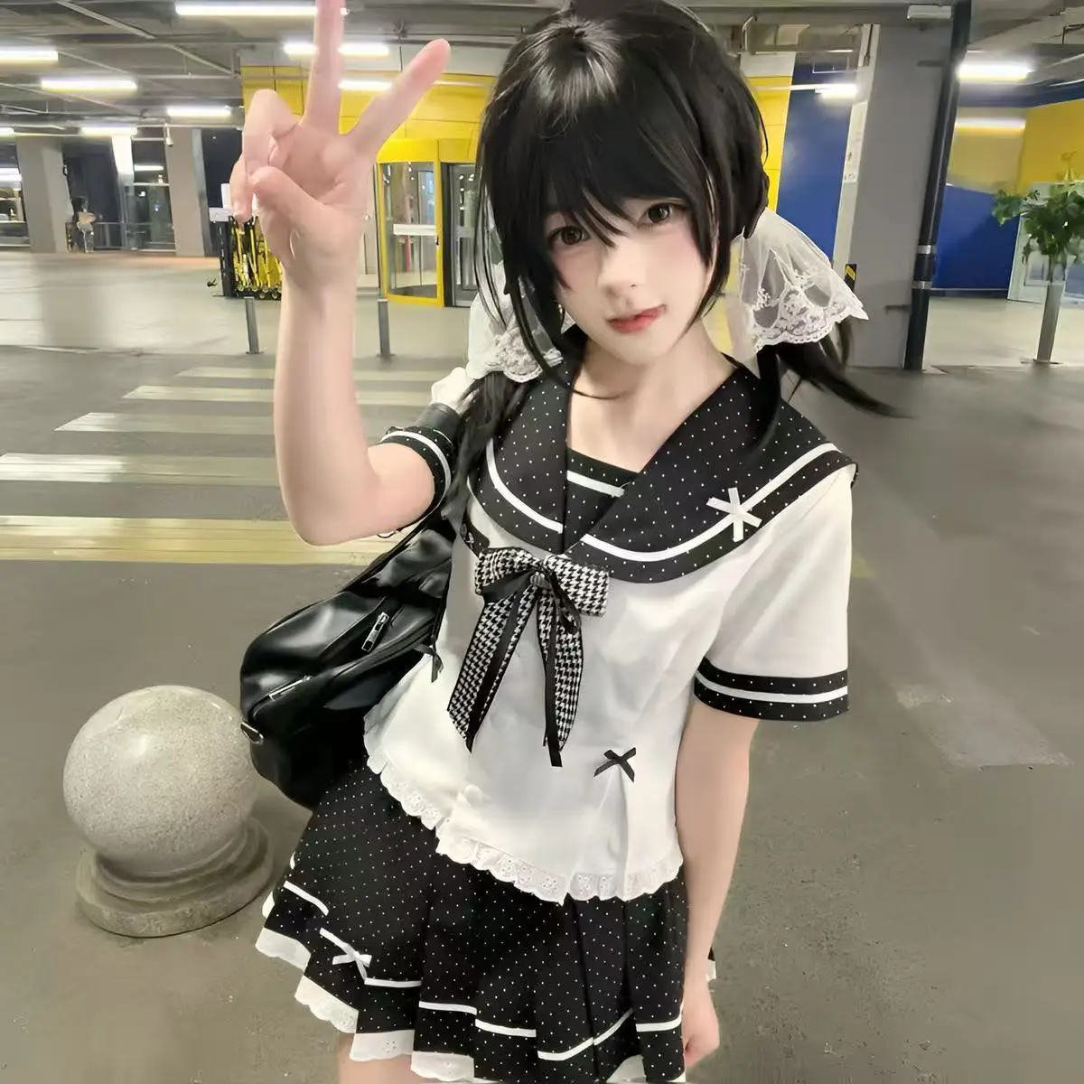 

Women Sailor Style Two Piece Set Sweet Bow Design Top+ Pleated Mini Skirt Outfit Cute College JK Uniform Summer Suit 2026 New
