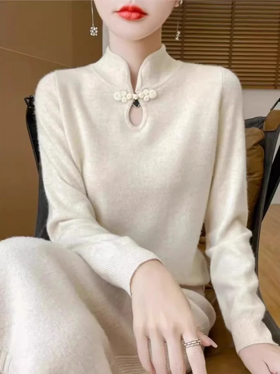 

Slim Fit Long Sve Knitted Sweater Chinese Sle Stand Collar Button Design Women's Base Layer irt 2025 New Sle Inner Wear