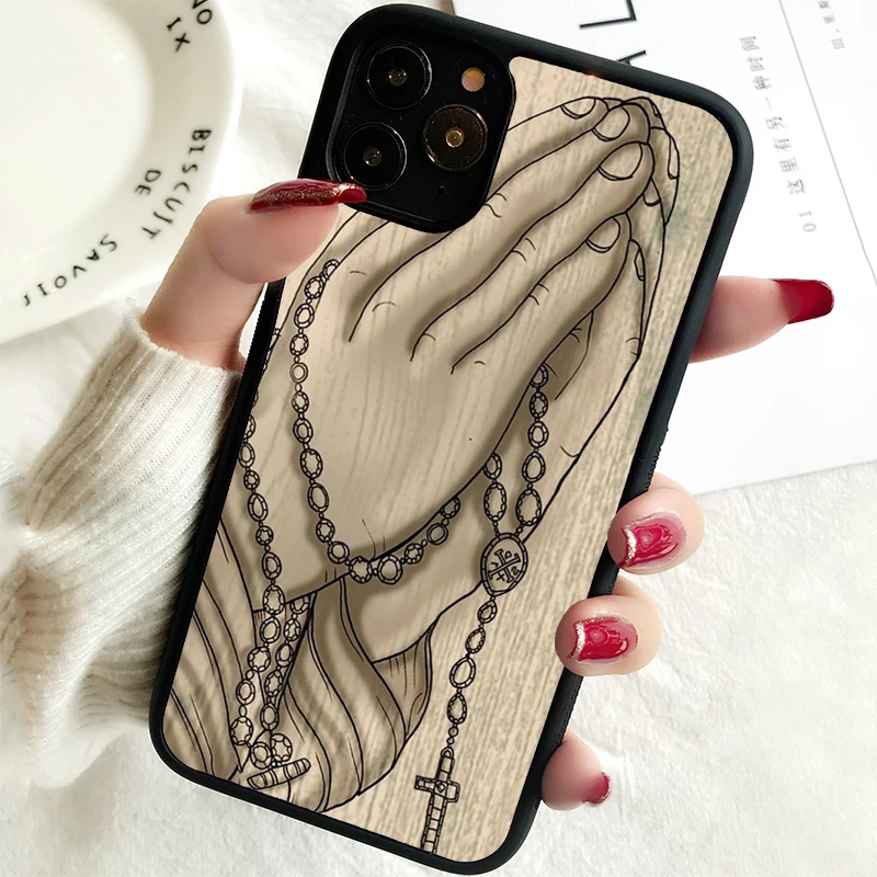 5 5S SE 2020 Phone Cover Case for iPhone 6 6S 7 8 PLUS X XS XR 11 12 13 MINI 14 PRO MAX Rubber Hands Praying Rosary Beads Cross