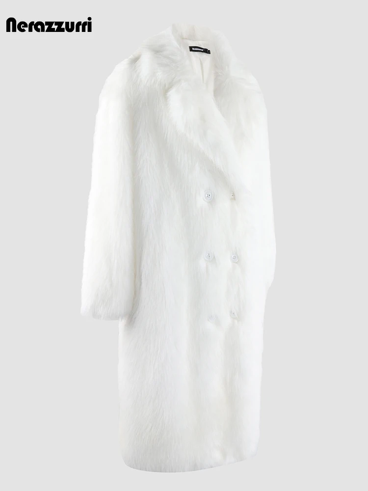 Nerazzurri Winter Long Oversized White Thick Warm Soft Fluffy Faux Fur Coat Women Double Breasted Loose Casual Korean Fashion