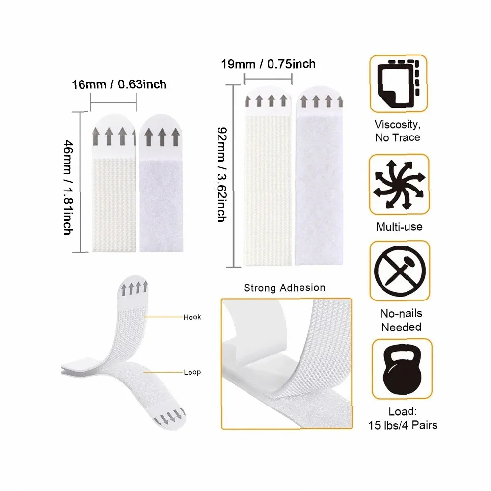 4/12/24Pairs Heavy Duty Picture Hanging Strips, Damage-Free Adhesive Hook & Loop Mounting Tapes, No Nails Frame Hanger