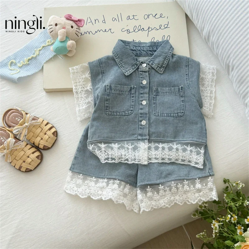 

Girls' Lace Trim Denim Set Summer New Vest Shorts Two-Piece Trendy Outfit