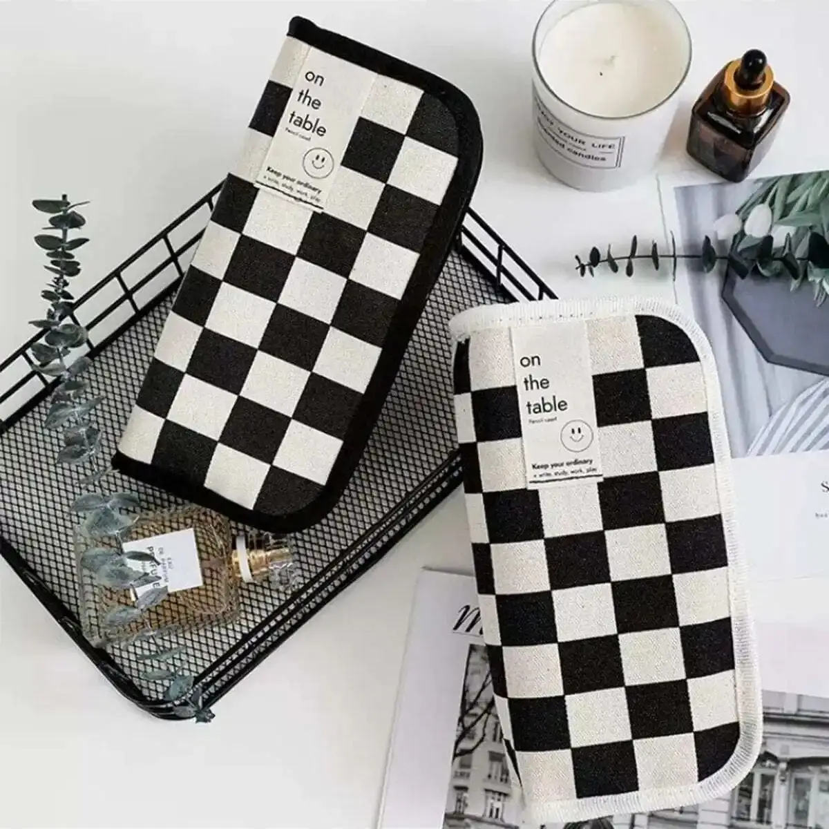 Large Capacity Makeup Storage Bag, Pencil Case, Stationery Bag, Simple Checkerboard Pattern, Niche Pencil Case, Canvas Storage