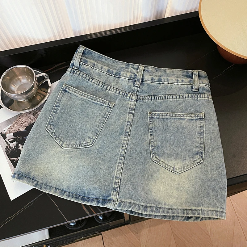 Shiny hot diamond heavy industrial design high waist slim denim skirt Y2K street A-line anti-exposure skirt women fashion