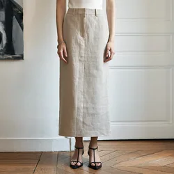 Vintage Cotton Linen Back Split Zipper Straight Skirt Women's 2024 Summer New Solid Color Temperament Elegant Slim Skirts