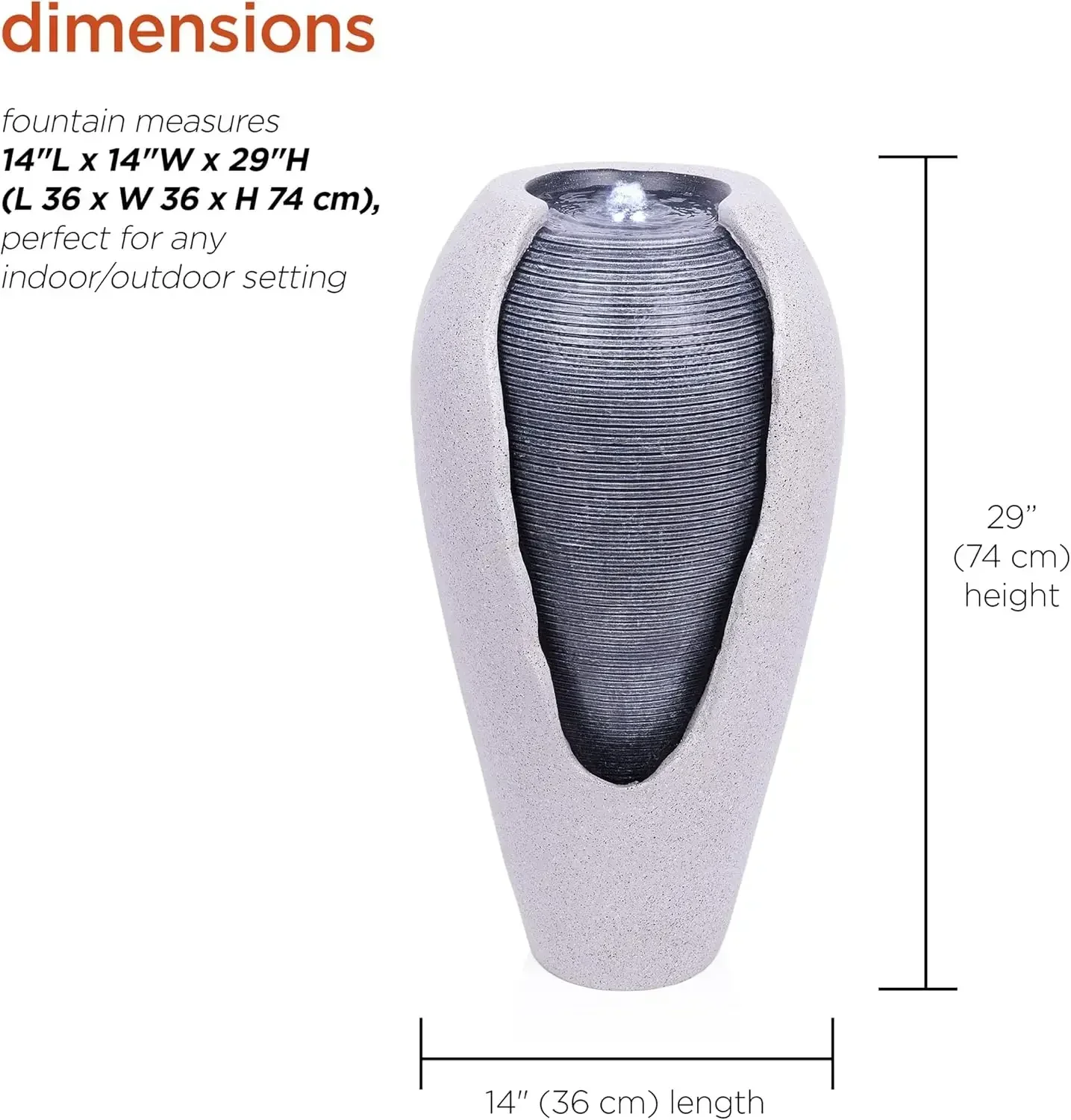 

[Hot Deal!]- 29" Tall Two Tone Ribbed Jar Floor Fountain with LED Lights – Elegant Indoor/Outdoor Water Feature, Easy Setup with