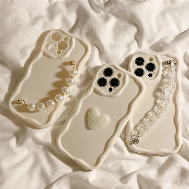 Pearl Wristband Phone Case For OPPO A15 A16 K A17 A54 4G A72 A74 A57 A92S A53 2020 A9 A8 A31 A95 A96 Smooth Wavy Jelly Cover