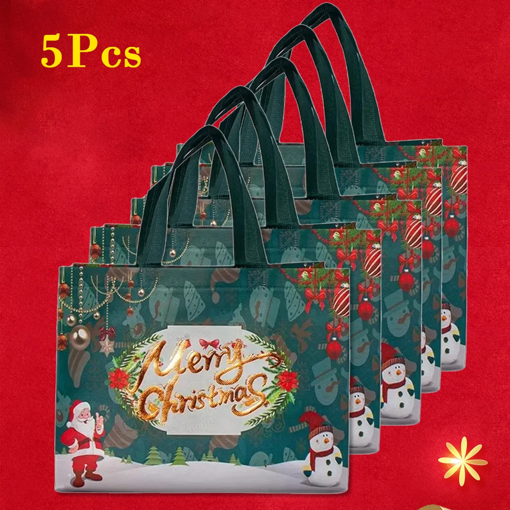 5PCS Christmas Gift Bags Non-Woven Fabric Tote Bags For Xmas Party Christmas Decor Santa Elk Snowflake Bag For Candy Snack