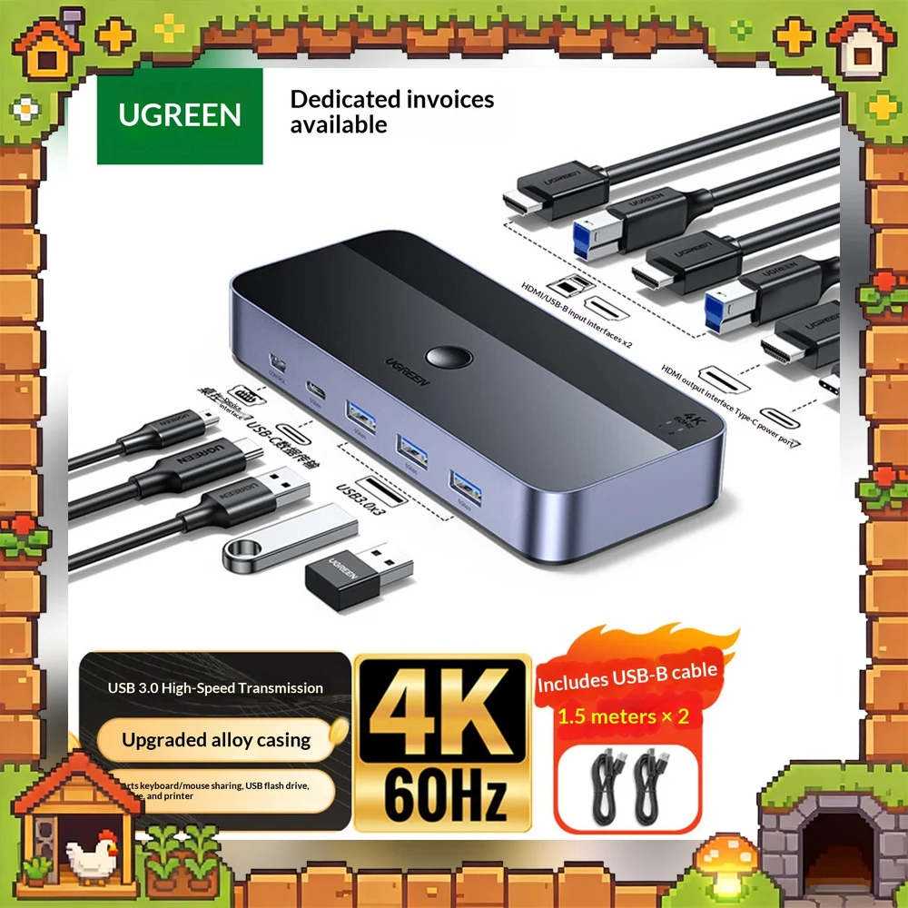 UGREEN 35765 CM664 HDMI 2.0 KVM Switch 2 In 1 Out 4K 60Hz for Two Computers One Monitor Keyboard Mouse