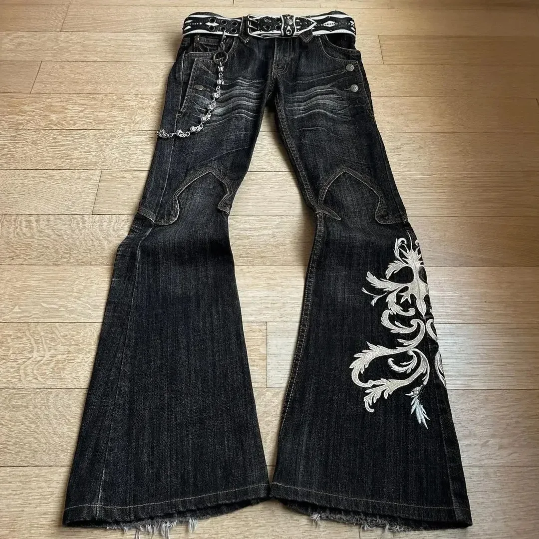 

Heavy Embroidery Distressed Denim Pants Men's Punk Flared Trousers Y2K Washed Long Pants Dark Style Jeans Low Waist Micro Flare