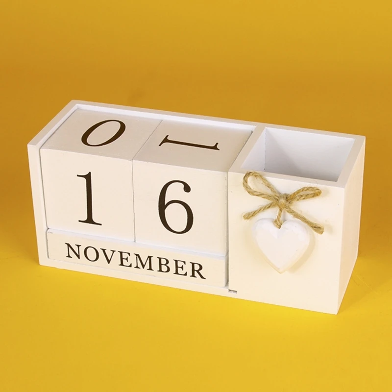 Wooden Permanent Calendar with Pen Holder, Desk Pen Holder with Blocks Permanent Calendar Office Desk Decorations K1KF