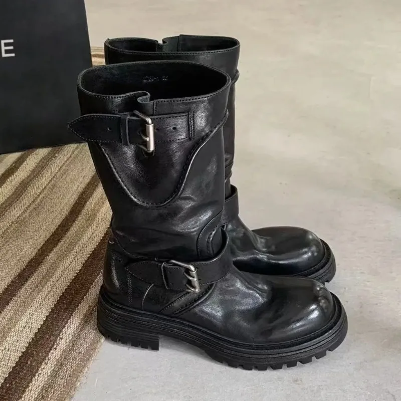 New Women Platform Combat Mid Calf Boots Thickened Leather Buckle Strap Design Fashion Outdoor Motorcycle Daily Walking Footwear