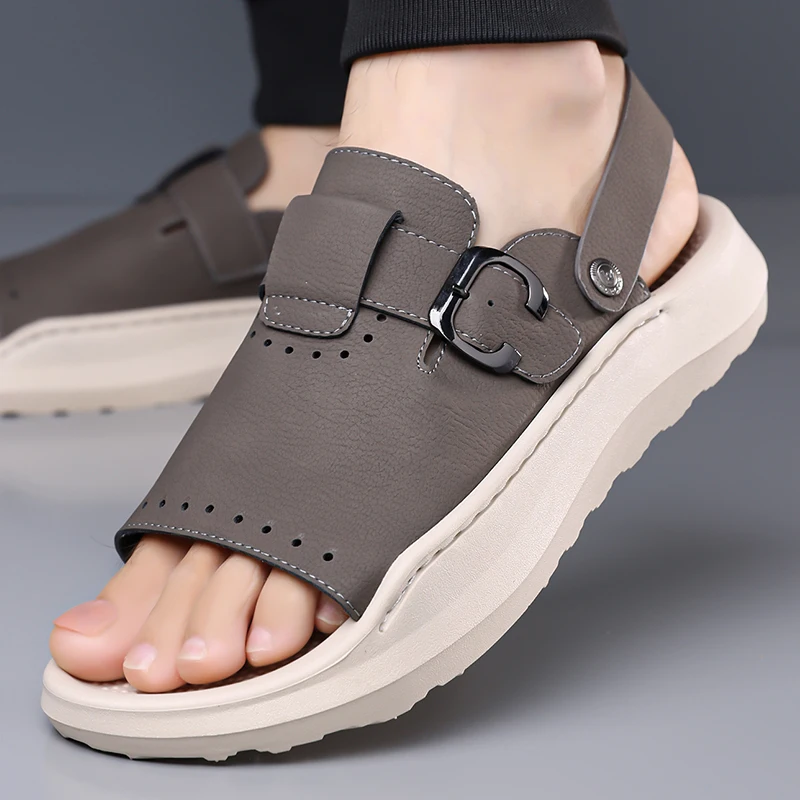 Men's Open-Toe Sandal with Adjustable Buckle Strap and Perforated Upper for Breathable Summer Wear