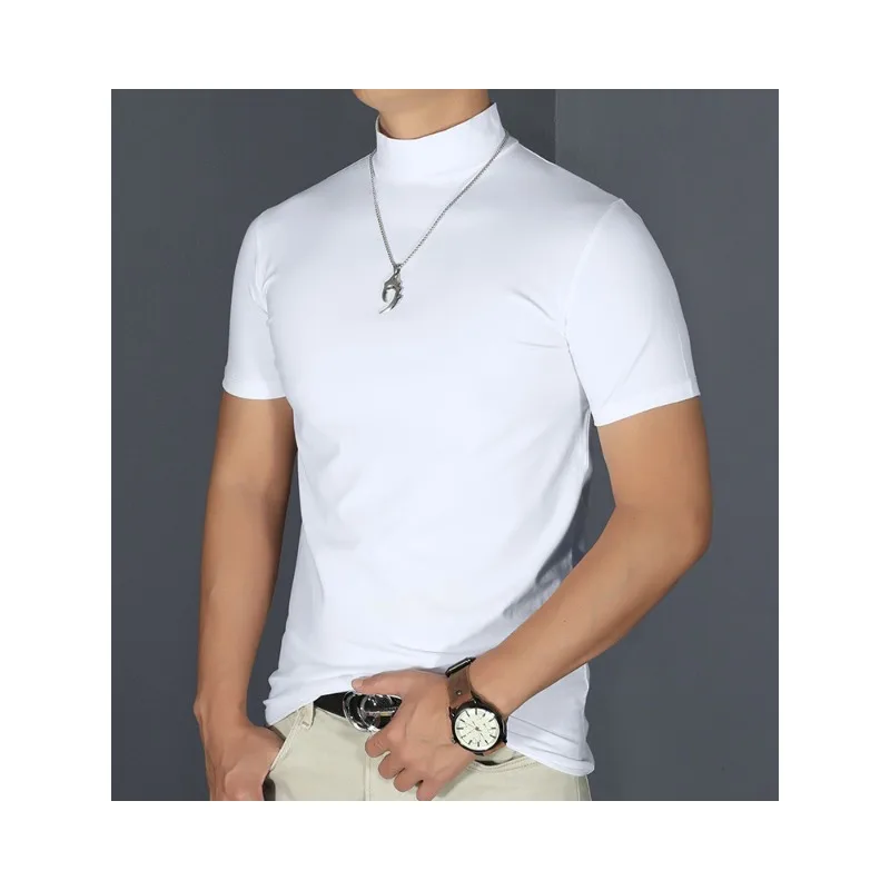 2pcs Men's Half High Collar T‑Shirt Mock Neck Thin Breathable Fitness Elastic Pullover Slim Fit Solid  Daily Wear Basic Tee