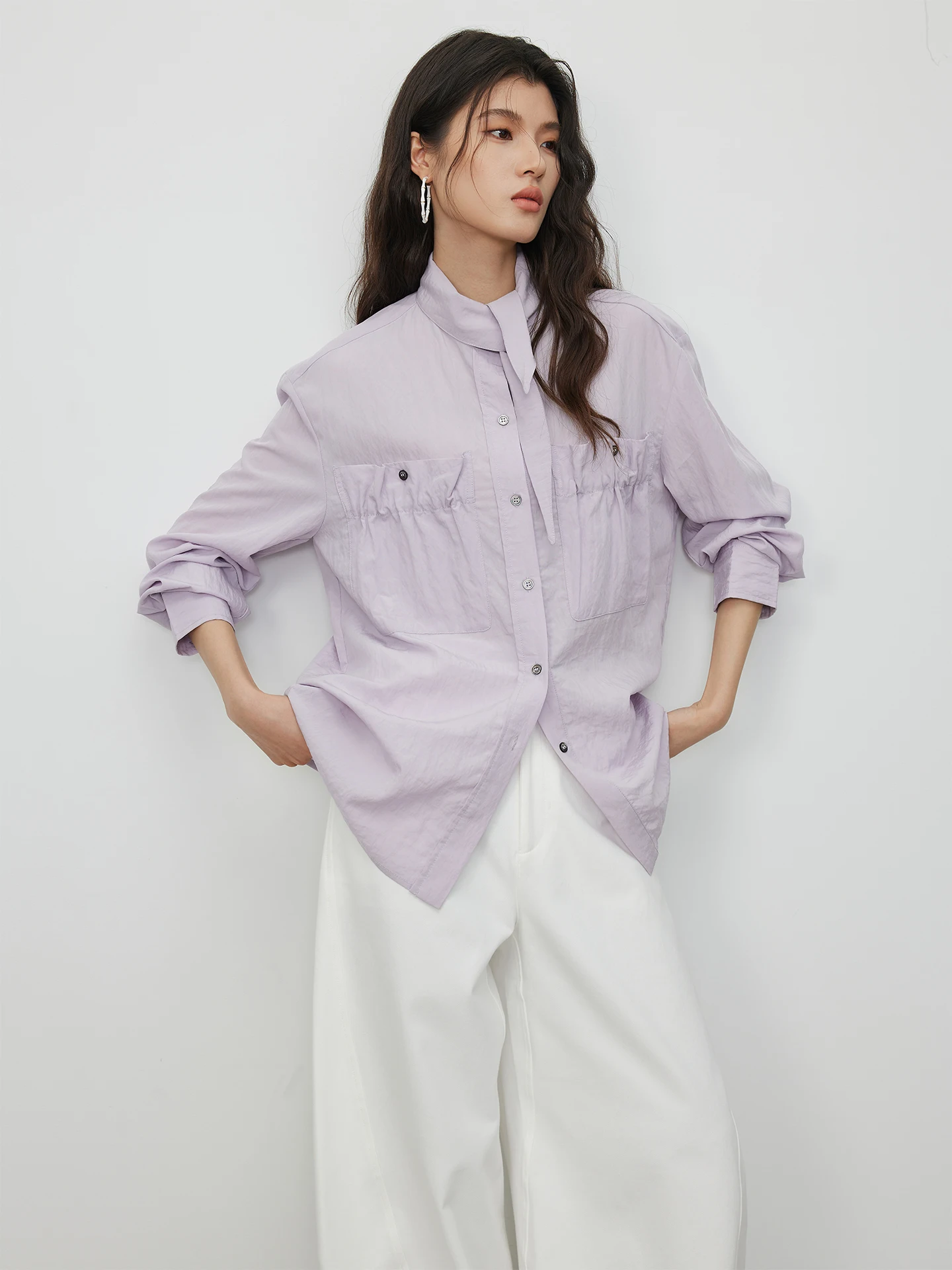 

KEARA Women's Long Sleeve Shirt with Sash Loose Fit Stand Collar Spring Commute Style French Style Breathable Casual Shirt