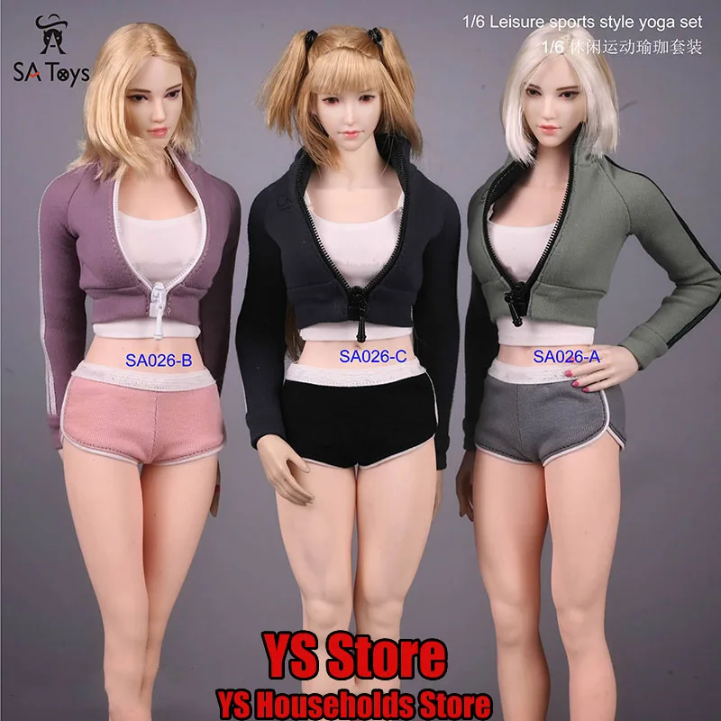 3 Colors SAtoys SA026 1/6 Female Soldier Sports Yoga Clothes Suit White Vest Patchwork Shorts Accessory Fit 12