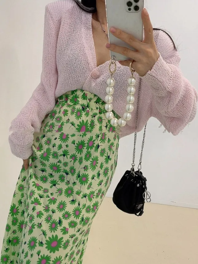 Chic Daisy Floral f jupe femmes taille élastique mince Tube droit longue jupe en mousseline de soie à la mode trajet Sle taille moyenne Design