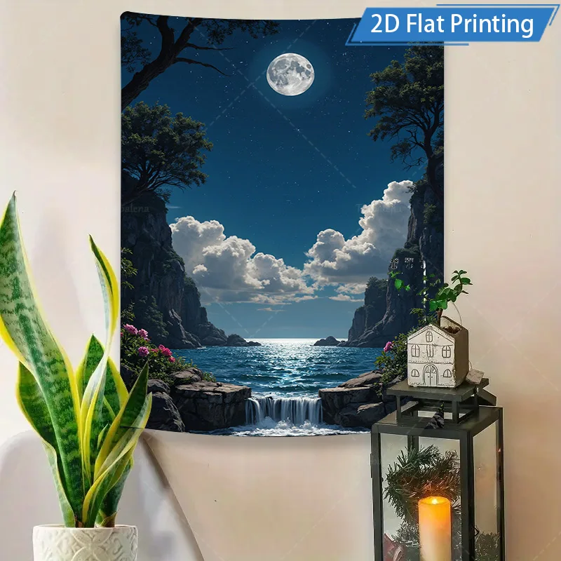 1pc Wall Tapestry "Starry Night Moonlight Ocean Scene Tapestry - Nature Landscape Wall Art"