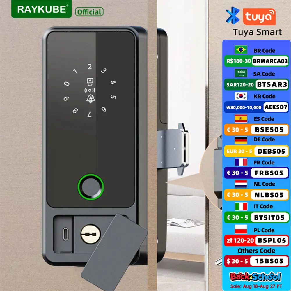 

RAYKUBE G18 Tuya Bluetooth умный дверной замок отпечаток пальца электронный цифровой замок приложение/IC-карта/разблокировка паролем для стальной/деревянной двери