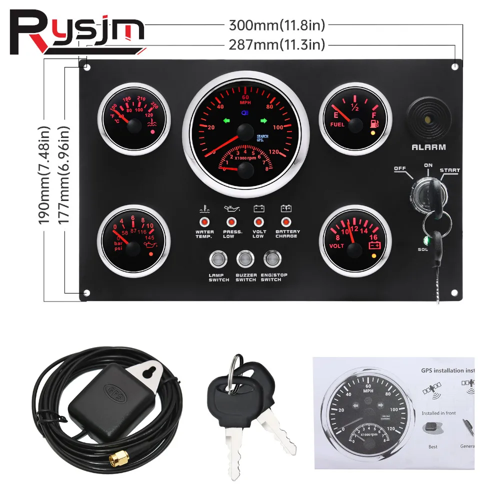 Car Boat Diesel Engine Inboard Outboard Instrument Panel with 5 Gauge Set 85mm GPS Speed Meter Tachometer Fuel Oil Pressure Volt