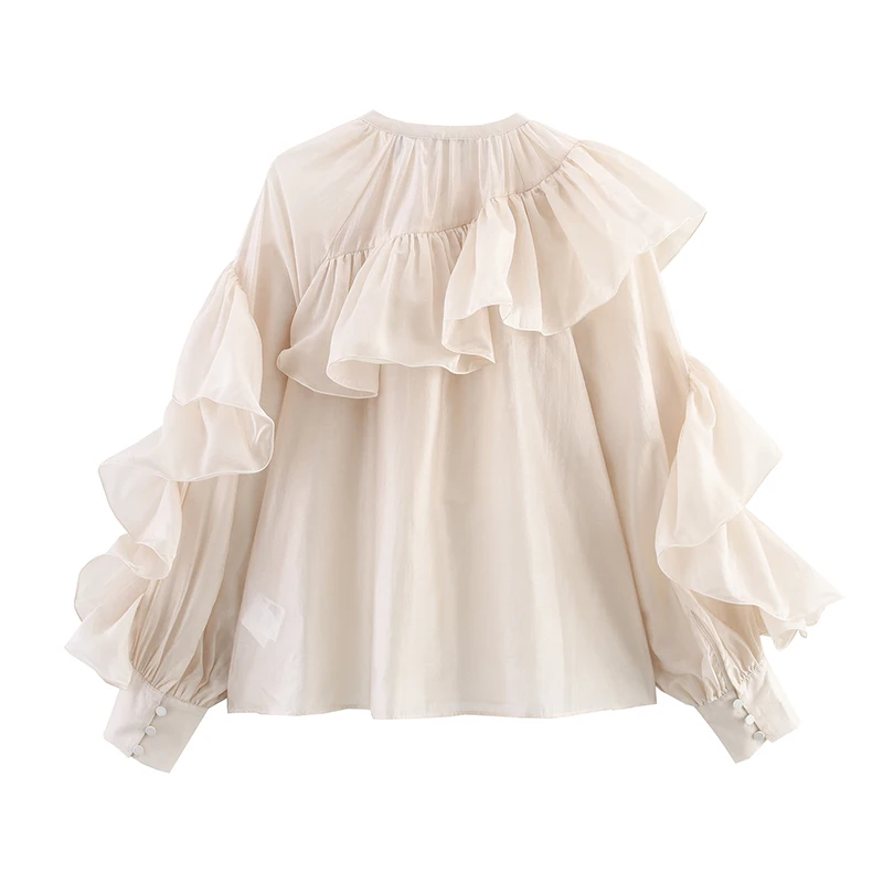 2025년 여름 여성 패션 긴팔 셔츠 루즈핏 라운드넥 폴리에스터 섬유 단색 벨 슬리브 캐주얼 셔츠