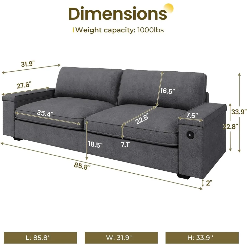 Modern Couch with Storage and 2 USB Charging Ports Oversized Loveseat Sofa with Removable Sofa Cover Deep Seat Sofa